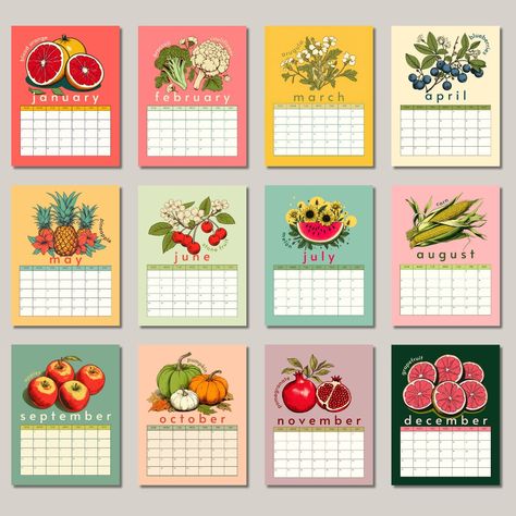 Fruit Calendar, Creative Calendar Design Inspiration, Calendar Poster Design 2024, Botanical Calendar, Calendar Tea Towels, Season Calendar, Fruit In Season, Wall Calendar, Fruits And Vegetables