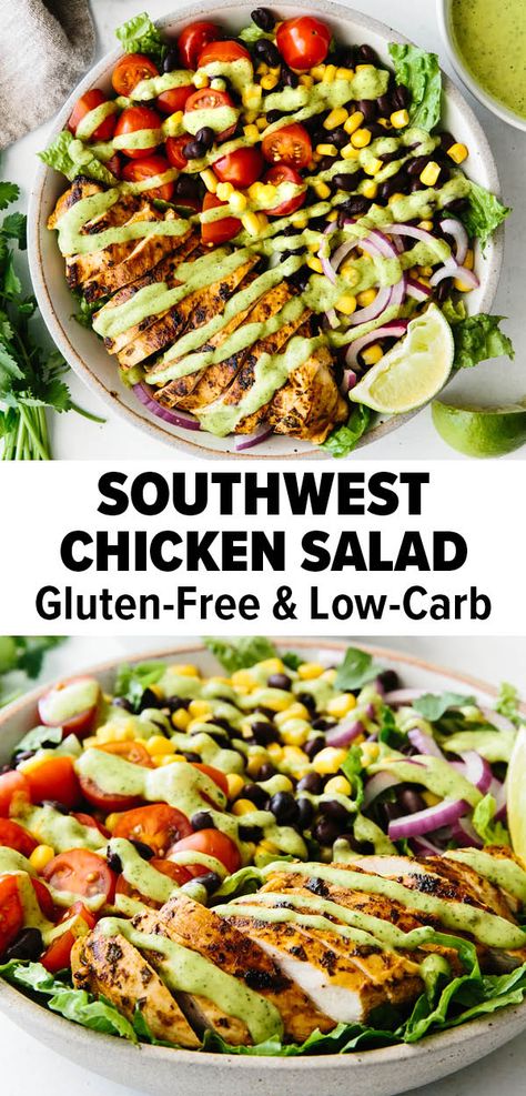 This southwest chicken salad is a hearty dinner recipe or lunch idea that's bursting with flavors. It's made with cilantro lime chicken and a drizzle of a creamy avocado dressing to tie everything together. #southwestsalad #southwestchickensalad #cilantrolimechicken #avocadodressing Southwest Salad With Avocado Dressing, Low Carb Southwest Salad, Grilled Chicken Southwest Salad, Keto Southwest Chicken Salad, Healthy Grilled Chicken Salad Recipes, Homemade Southwest Salad, Healthy Southwest Bowl, Chicken Fajitas Salad Recipe, Grilled Chili Lime Chicken Fajita Salad