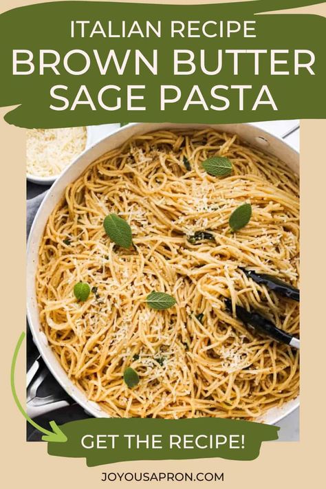 A simple Italian pasta dish with big flavors. Spaghetti pasta is tossed with earthy fresh sage leaves, parmesan cheese, and brown butter. This is a an easy and satisfying dinner the whole family will love. Ready under 30 minutes! Brown Butter And Mizithra Spaghetti, Lemon Sage Pasta, Brown Butter And Sage Pasta, Brown Butter Sage Pasta, Browned Butter Pasta, Brown Butter Pasta, Sage Pasta, Pasta With Herbs, Joyous Apron