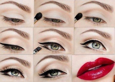 pin up vintage maquillage - Recherche Google Maquillage Pin Up, Double Winged Eyeliner, 50s Makeup, Pin Up Makeup, Winged Eye, Pin Up Looks, Makeup Ads, Make Up Inspiration, Cat Eye Makeup