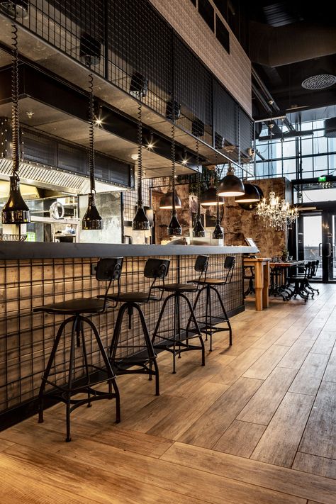 Fredde´s Food & Fire restaurant interior design by VDPHelsinki German Bar Design, Fire Restaurant, Industrial Restaurant Design, Rustic Restaurant Interior, Bar Counter Design, Industrial Cafe, Industrial Restaurant, Rustic Restaurant, Bar Interior Design