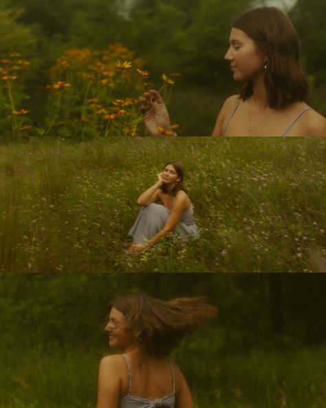 Cinematic Field Photography, Field Pictures Ideas, Senior Picture Inspiration Fall, Senior Pics In The Rain, Portrait In Field, Flower Portrait Photography Creative, Portrait Field Photography, Senior Photoshoot Prompts, Nature Photography With People