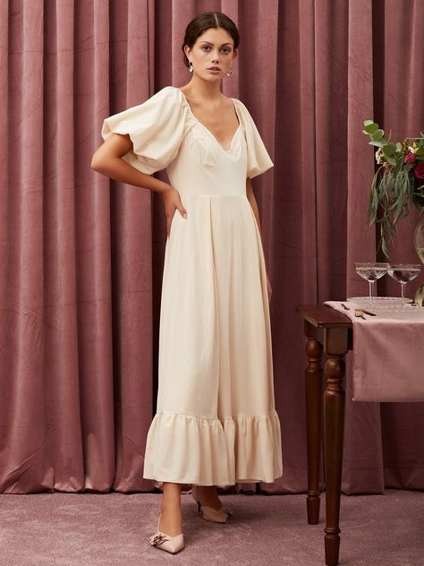 Vow Renewal Dress, Women Silk Dress, Beautiful Vows, Cream Color Dress, Sheer Wedding Dress, Dress With Puff Sleeves, Sister Jane, Sisters Dress, Velvet Maxi Dress