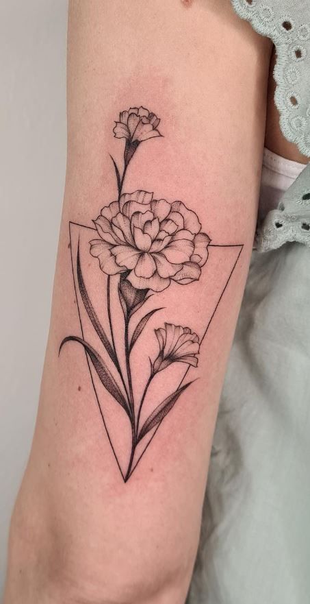 Carnation And Marigold Tattoo Design, Carnation Tattoo Designs For Women, Carnation And Iris Flower Tattoo, Flower Tattoo On Tricep, Snowball Flower Tattoo, Carnation Moon Tattoo, Fineline Carnation Tattoo, Carnation Tattoo Black And White, Carnation Ankle Tattoo