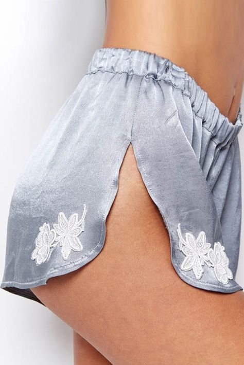 For Love & Lemons Le Fleur satin shorts in slate/white Pastel Outfit, Hot Lingerie, Satin Shorts, Pretty Lingerie, Silk Shorts, Sleepwear & Loungewear, Beautiful Lingerie, Vintage Lingerie, Lingerie Sleepwear