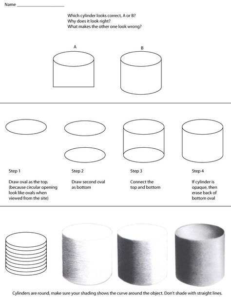 how to draw cylinder pdf   Instructions for assignment: 1) practice sketching the different bottle still lifes in the room. make sure you use HOP to do them. draw what is actuall… Art Handouts, Teaching Drawing, Observational Drawing, Art Theory, Elements And Principles, Art Worksheets, Object Drawing, Basic Drawing, Fine Art Drawing