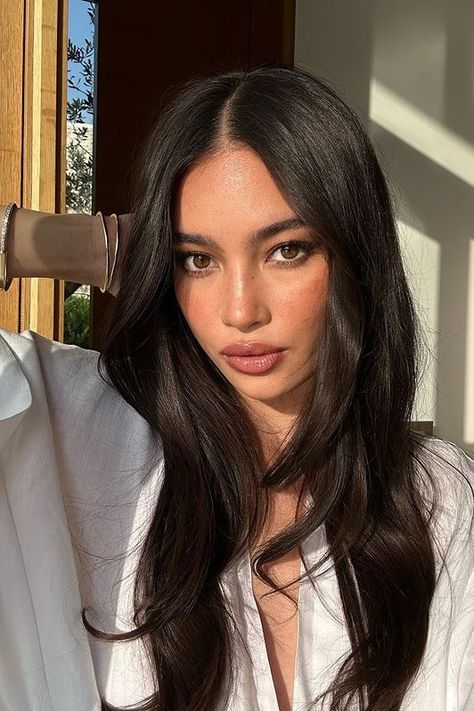 Voluminous Brunette Hair, Kelsey Merritt Hair, Dark Features Women, Kelsey Merritt Makeup, Korean Dark Brown Hair, Dark Hair Latina, Andrea Russett Hair, Dark Hair Asian, Filipino Hair Color Ideas