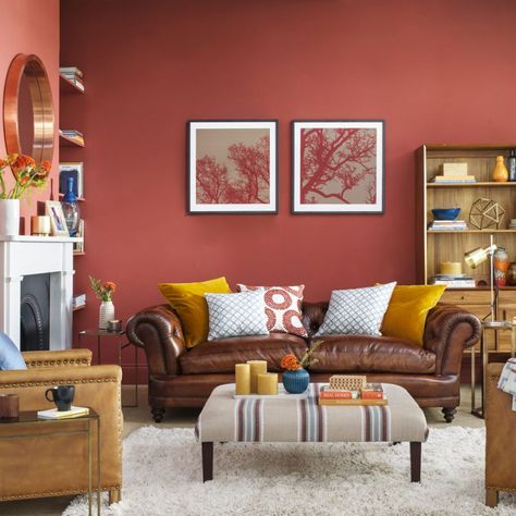 Red living room ideas – curl up with this comforting and vibrant colour Sofa Cognac, Country Living Room Furniture, Red Living Room, Brown Sectional, Red Living, Elegant Living Room Decor, Living Room Images, Brown Couch, Sofa Brown