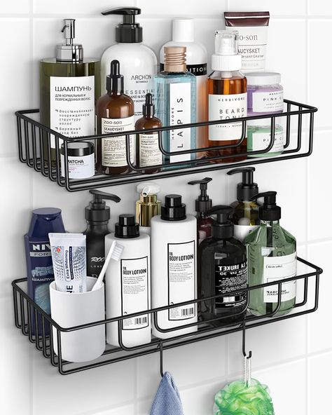 PRICES MAY VARY. Great Bathroom Organizer: This bathroom set includes 2 adhesive shower shelves measuring 11.6 x 5.3 x 2.3 inches and 10.2 x 4.5 x 2.3 inches respectively. Each shower shelf for inside shower can hold an assortment of bathroom necessities and toiletries like shampoo, body wash, essential oil, etc. The black shower caddy also comes with 2 removable hooks for hanging small shower stuff such as towels, loofah. This shower holder is great for bathroom organization and storage for sho Shower Corner Shelf, Bathroom Shower Organization, Shower Organizer, Rack For Bathroom, Small Shower, Bathroom Necessities, Shower Shelf, Storage Bathroom, Shower Storage