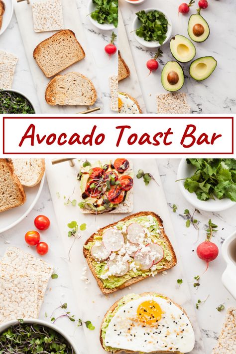 Toppings For Avocado Toast, Build Your Own Avocado Toast Bar, Avocado Toast Bar Ideas, Avocado Toast Buffet, Simple Breakfast Buffet Ideas, Avocado Toast For A Crowd, Avocado Toast Charcuterie Board, Mini Avocado Toast Brunch, Avocado Toast Bar Brunch