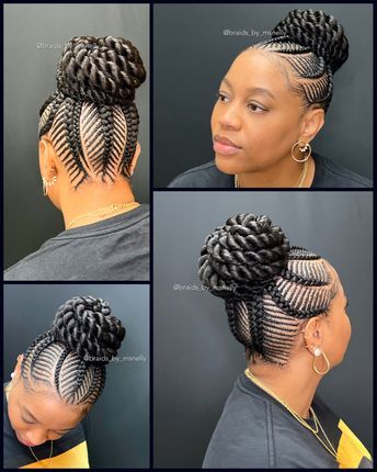 Braided fishbone braid design into a top bun with havana twists Latest Braid Styles 2023, Fishbone Braids For Black Women, Braided Cornrow Hairstyles Updo, Cornrow Ponytail Hairstyles Black Women, Freehand Hairstyle For Black Women, Cornrow Buns, Latest Hair Braids Styles 2023, Freehand Hairstyle, Goddess Braids Tutorial