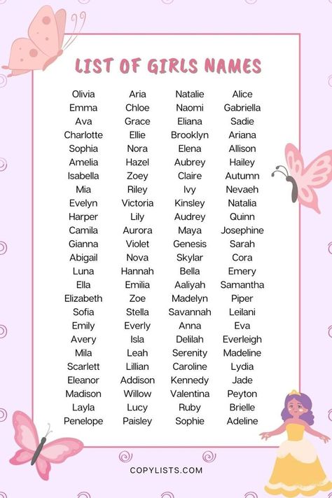 a list of girl names with a pink background, a cartoon princess and pink and purple butterflies. Good Girl Names, Sweet Girl Names, List Of Girls Names, Feminine Names, Sweet Baby Names, Unique Girl Names