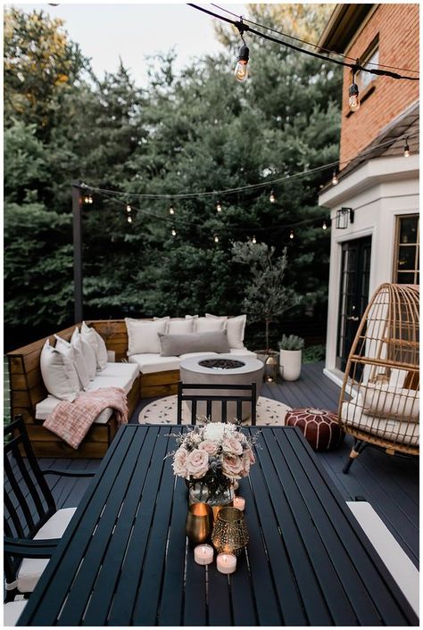 Gorgeous Outdoor Patios, Deck With Dining And Seating Area, Open Deck Decorating Ideas, Deck Organization Ideas, Deck Patio Furniture Layout, Deck Inspo Outdoor Spaces, Deck Entertaining Ideas, Wood Deck Decorating Ideas, Patio Inspiration Backyard