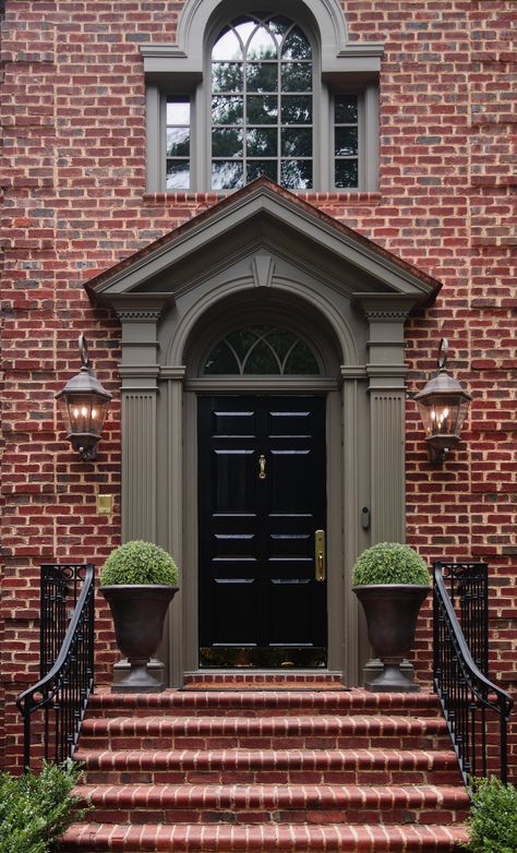 Everything You Need to Paint A Front Door - Chris Loves Julia Front Door With Brown Brick, Door Color On Black House, Trim Around Front Door, Brick Modern House Exterior, Front Door Trim Exterior, Front Door Brick House, Brick House Front Door, Brick House Front Door Colors, Colonial Front Door