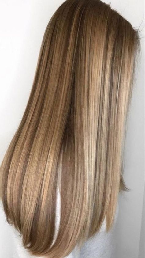 Brown Into Blonde Hair Balayage, Type Of Highlights For Hair, Ash Blonde Highlights Straight Hair, Golden Blonde Balayage Dark Roots, Dark Golden Blonde Highlights, Half Head Highlights Brown Hair Straight, 7.1 Hair Color, Hair Highlights Medium Length, Brown Hair With Blonde Highlights Straight