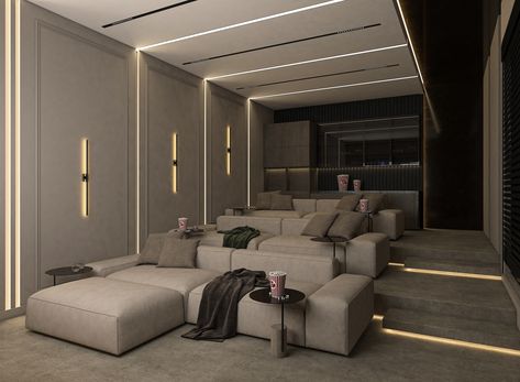 Modern Home Cinema on Behance Modern Home Cinema Design, Modern Cinema Room Design, Home Theatre Design Interiors Modern, Modern Home Theater Room Ideas, Simple Home Theater Ideas, Minimalist Home Theater, Bloxburg Home Theater, In Home Theater Ideas, Small Home Cinema