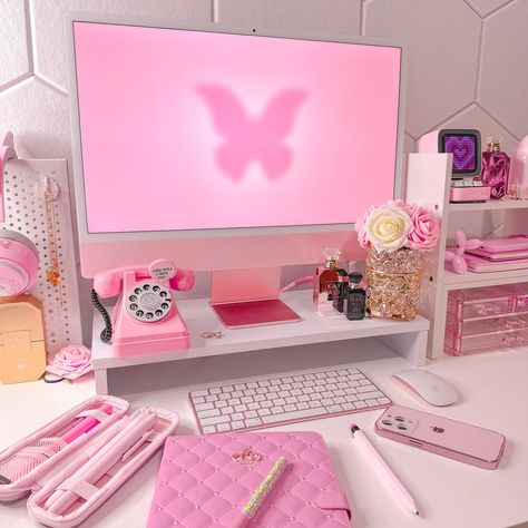 Happy Saturday! 🎀 Hope everyone has a great day. 💕 What’s on my desk::: Wallpaper: @mollandslane Computer: @apple pink iMac 2021 M1 White Shelf: Amazon Pink mini computer: Divoom Items are 🔗’d in my storefront Tags::: #pink #desksetup #pinkdesksetup #pinkipad #pinkimac #cute #studygram pink, desk setup, pink desk setup, pink iPad, pink iMac, pink aesthetic, cute, study gram, coquette aesthetic Pink Study Room, Desk Pink, Pink Computer Setup, Imac Desk, Imac Desk Setup, Dream Desk, Computer Set, Pink Desk, Computer Desk Setup