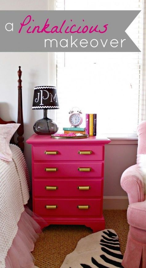 DIY spray painted nightstand Pink Night Stand, Pink Nightstand, Pink Nightstands, Nightstand Ideas, Cheap Patio Furniture, Pink Furniture, Night Stands, Trendy Bedroom, White Furniture