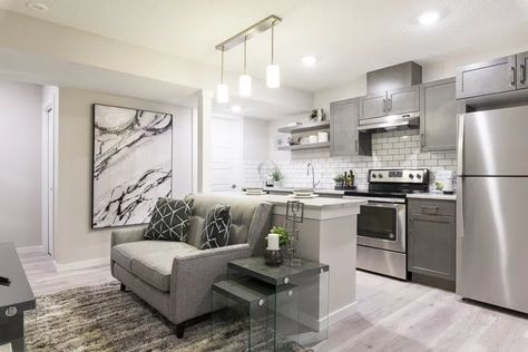 Small Basement Suite Kitchen, Basement One Bedroom Apartment, Basement Apartment Kitchenette, Basement Kitchenette Ideas With Island, Kitchenette For Basement, Basement Kitchenette With Full Fridge, Small Kitchen Basement Ideas, Finished Basement With Kitchen, Small Basement Apartment Decor