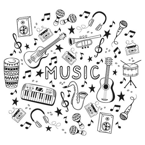 Doodling On Music, Doodle Art Of Music, Doodle Art On Music, Doodles Related To Music, Music Cute Drawing, Mandala Art Musical Instruments, Cute Music Doodles, Music Instruments Aesthetic, Microphone Doodle