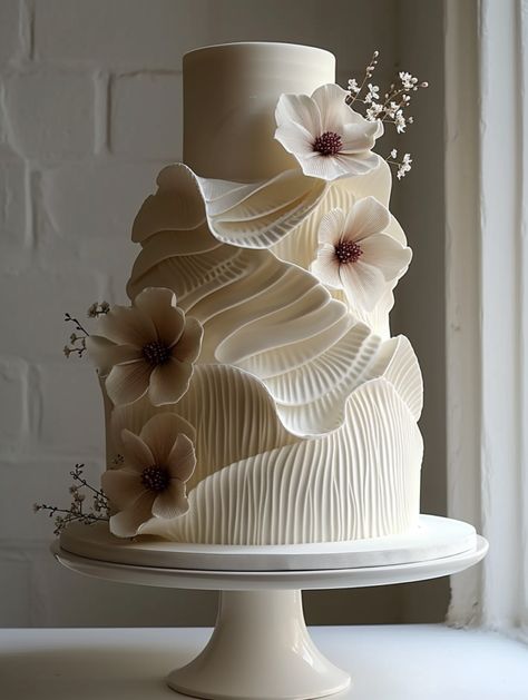 Wedding Cakes - Silver Fork Gluten Free Cakes Wedding Elegant, Wedding Dessert Display Ideas, Champagne Color Cake, Chantilly Wedding Cake, Korean Wedding Cake, Unique Cake Ideas, Brown Wedding Cakes, Wedding Cake Cupcakes, Textured Wedding Cakes