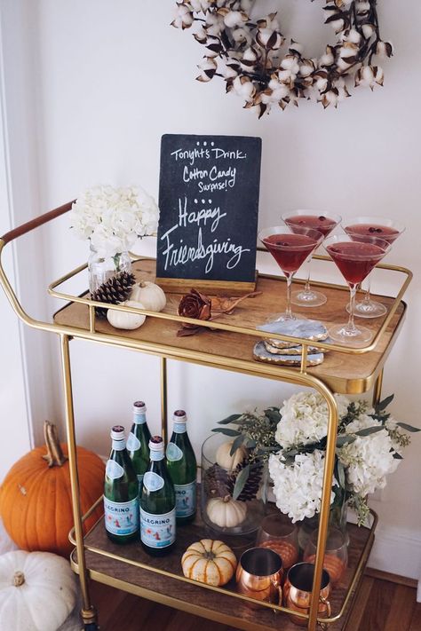 Thanksgiving Bar Cart Decor #barcartdiy Thanksgiving Bar Cart, Gold Bar Cart Target, Gold Bar Cart Styling, Friendsgiving Dinner Party, Diy Bar Cart, Thanksgiving Friendsgiving, Gold Bar Cart, Friendsgiving Dinner, Friendsgiving Party