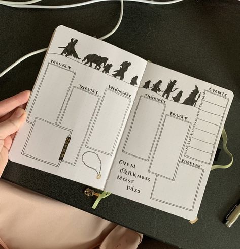 Dnd Bujo Theme, Lotr Journal Pages, Lord Of The Rings Journal, Hobbit Bookmark, The Hobbit Bookmark, Howls Moving Castle Journal Spread, March Bujo, Lotr Quotes, Bullet Journal Week