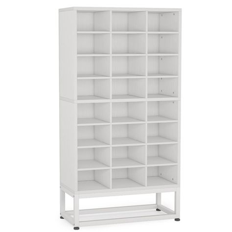 Featuring with 24 cubbies, this shoes cabinet provides sufficient storage space for your various shoes, like slippers, high heels, sneakers, boots, and etc. The bottom space is ample enough to store shoes or other items as well. The top surface offers space for your photo frame, vase, bags or other items. The partition shelves are removable freely for different shoe storage needs. You can remove any partition board to fit your higher boots storage. The sturdy steel base ensures stability and stu Show Storage Ideas Small Spaces, Bookshelf For Shoes, Wall Shoe Storage Ideas, Shoe And Bag Rack Ideas, Show Organizer Storage Ideas, Closet Shoe Storage Ideas, Partition Shelves, Shoe Closet Organization, Shoe Shelving