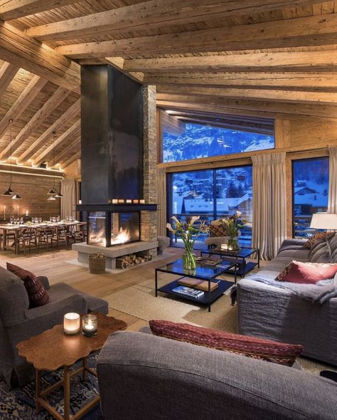 Rustic Cabin Fireplace, Luxury Chalet Interior, Chalet Interior Design, Cabin Fireplace, Modern Chalet, Luxury Chalet, Chalet Interior, Cabin Tiny House, Chalet Design