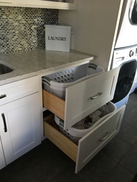 Pull Out Laundry Basket Cabinet, Laundry Drawers Baskets, Pull Out Laundry Drawer, Laundry Basket In Cabinet, Dirty Clothes Storage Laundry Room, Closet With Built In Laundry Bin, Laundry Drawer Organization, Laundry Basket Drawer, Laundry Room Drawers