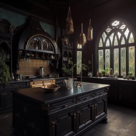 Goth Exterior Home, Dark Gothic House Aesthetic, Gothic House Kitchen, Gothic Kitchen Aesthetic, Goth Cottage Core Home Decor, Victorian Goth House, Goth House Exterior, Gothic Style Kitchen, Modern Gothic Kitchen