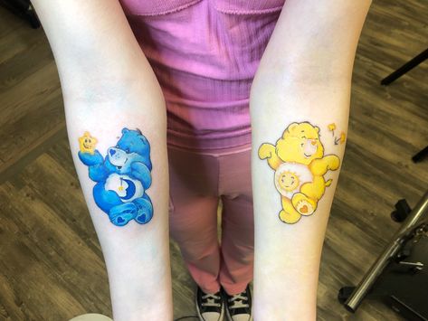 Funshine Bear Tattoo, Matching Care Bear Tattoos, Bedtime Bear Tattoo, Carebears Tattoos, Care Bear Tattoo Ideas, Care Bear Tattoo, Friend Tats, Care Bears Funshine Bear, Sister Tats