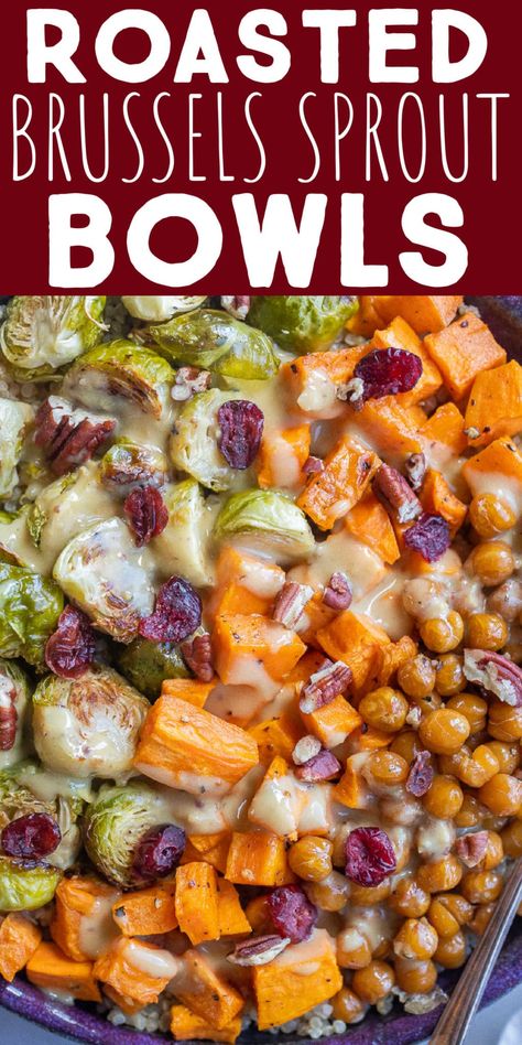 These Roasted Brussels Sprout Bowls with Creamy Honey Mustard are hearty, cozy and filling!  They're packed with veggies and protein and perfect for dinner or a healthy meal prep lunch.  Serve with quinoa, or another grain of choice, and top with crispy toasted pecans and dried cranberries. #buddahbowlrecipe #veganfood #vegetarian #mealprep #healthydinner Chickpea Brussel Sprout Bowl, Bowls With Brussel Sprouts, Brussels Sprout Bowl, High Protein Brussel Sprouts, Vegan Recipes With Brussel Sprouts, Sweet Potato Brussel Sprout Bowl, Brussel Sprout Rice Bowl, Brussel Sprout Bowl Recipes, Tofu Brussel Sprouts Recipe