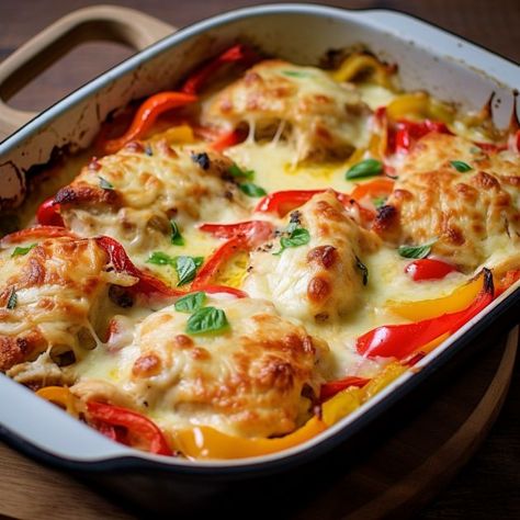 I swear when I make this dish, the entire family goes into a frenzy Cheesy Baked Chicken, Chicken Breast Recipes Baked, Savory Chicken, Chicken Main Dishes, Easy Casserole Recipes, Peppers Recipes, Chicken Recipes Casserole, Chicken Dishes Recipes, Baked Chicken Recipes