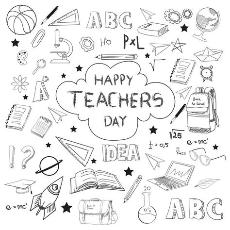 Vector illustration of cute doodles for kids happy teacher's day greetings, Set of cute hand drawn doodles for decoration on white background, Hand Drawn Cute Doodles, Pages for coloring Greetings For Teachers Day, Doodles For Kids, Teachers Day Decoration, Greetings For Teachers, Teacher Appreciation Lunch, Handmade Invitation Cards, Teacher Wallpaper, Teachers Day Celebration, Teachers Day Poster