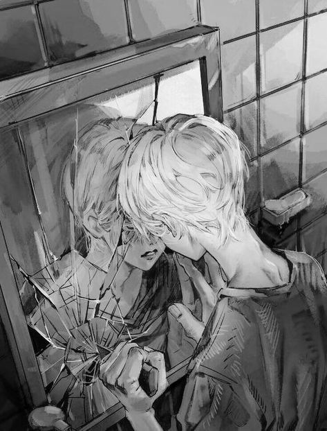 Broken Glass, A Drawing, The Mirror, Mirror, Black And White, Glass, Anime, White, Black