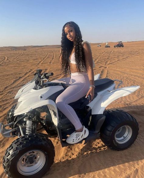 Cute Atv Riding Outfit, Atv Riding Outfit Vacation, Riding Bike Aesthetic, Desert Riding, Wig Outfits, Bike Riding Outfit, Dubai Outfits, Dubai Vacation, Cute Birthday Outfits