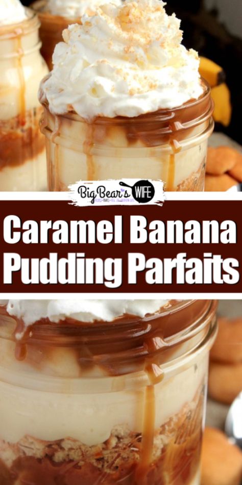 Caramel Banana Pudding Parfaits - Layers of cookies, homemade banana pudding, fresh banana slices and caramel sauce make up these delicious Caramel Banana Pudding Parfaits! Caramel Banana Pudding, Homemade Banana Pudding Recipe, Banana Pudding Desserts, Banana Cream Pudding, Southern Banana Pudding, Banana Caramel, Dessert Cups Recipes, Mason Jar Desserts, Pudding Parfait