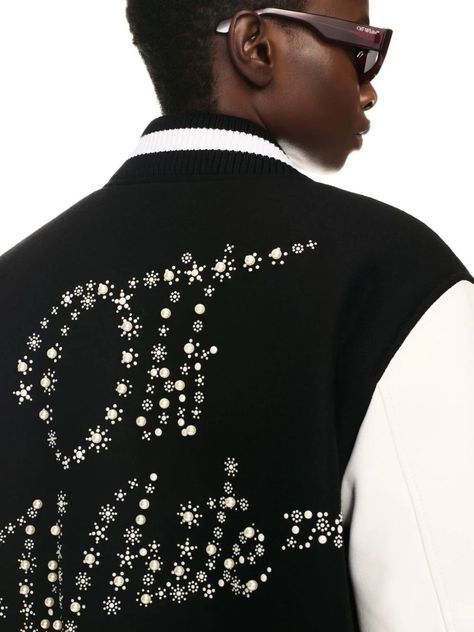 BLACK/WHITE WOOL EMBELLISHED BLING STARS VARSITY in black | Off-White™ Official US Color Schemes Design, Off White Jacket, Iconic Women, White Jacket, Estilo Boho, Black And White Colour, Dolce & Gabbana, Stripe Print, Logo Embroidered