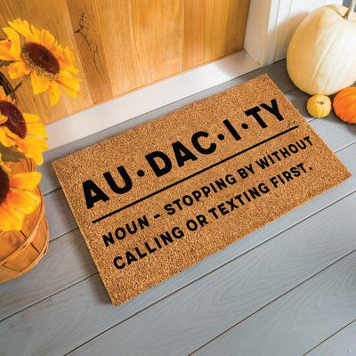 Introducing our thought-provoking 26" x 16" coir doormat that brings a touch of humor and contemplation to your doorstep. The word "Audacity" takes center stage, boldly presented in elegant lettering. Below, in a smaller font, is a clever definition that reads "Noun - Stopping By Without Calling or Texting First." This unique mat not only adds a stylish element to your entryway but also sparks conversations and smiles among your visitors. Crafted with durable coir fibers, it ensures effective di Texting First, Elegant Lettering, Coir Mat, Small Font, Door Rugs, Coir Doormat, Centre Stage, Coconut Fiber, Outdoor Door Mat