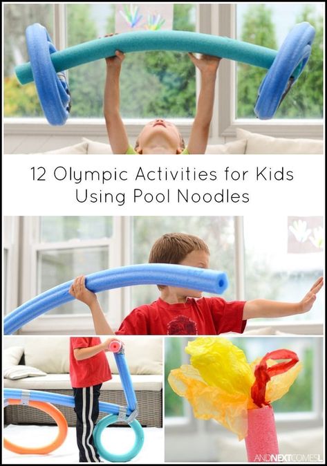 12 Olympic themed crafts and activities for kids using pool noodles from And Next Comes L Olympic Activities For Kids, Summer Olympics Crafts, Summer Olympics Activities, Vbs Olympics, Olympic Activities, Preschool Olympics, Olympic Theme Party, Olympic Games For Kids, Olympic Idea