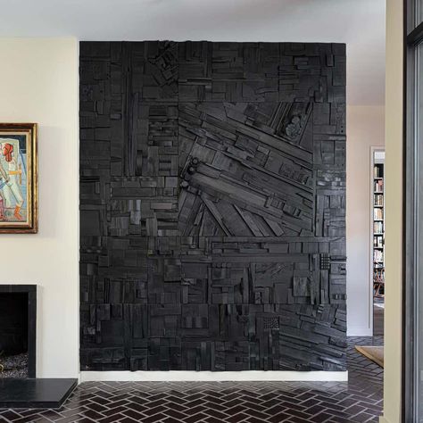 For Sale on 1stDibs - These collage tiles are composed randomly from recycled wood remnants and when installed bathe any space with warm feeling and texture which is meditative, Modern Wall Paneling, Black Feature Wall, Acoustic Wall, Collage Artwork, Interior Design Art, Black Walls, Wall Treatments, Wall Covering, Stone Wall