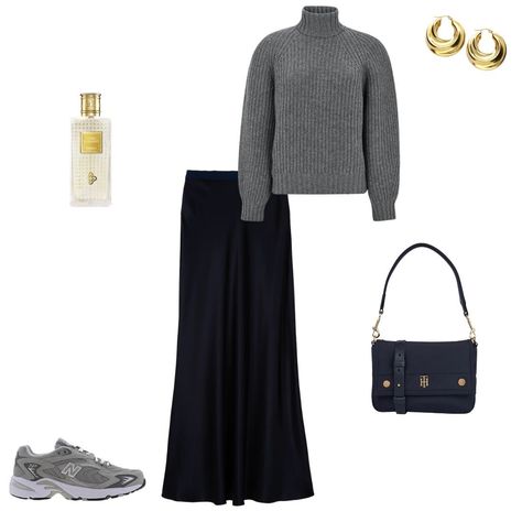 What to wear. Outfit inspiration. Look of the day. Outfit of the day. Silk skirt, grey sweater, new balance sneakers. Outfit inspo. New Balance Sneakers Outfit, Long Silk Skirt, Satin Skirt Outfit, Look Of The Day, Balance Sneakers, Edgy Style, New Balance Sneakers, Skirt Outfit, Day Outfit