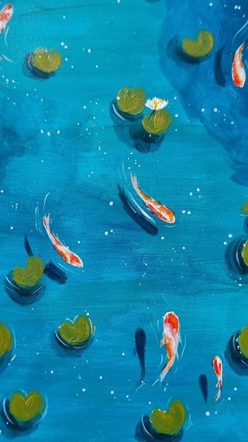 Water Lily Pad Drawing, Koi Pond Painting Easy, Lily Pad Acrylic Painting, Easy Pond Painting, Pond Illustration Art, Scenery Paintings Easy, Lily Pond Drawing, Fish In Water Painting, Senary Painting Art