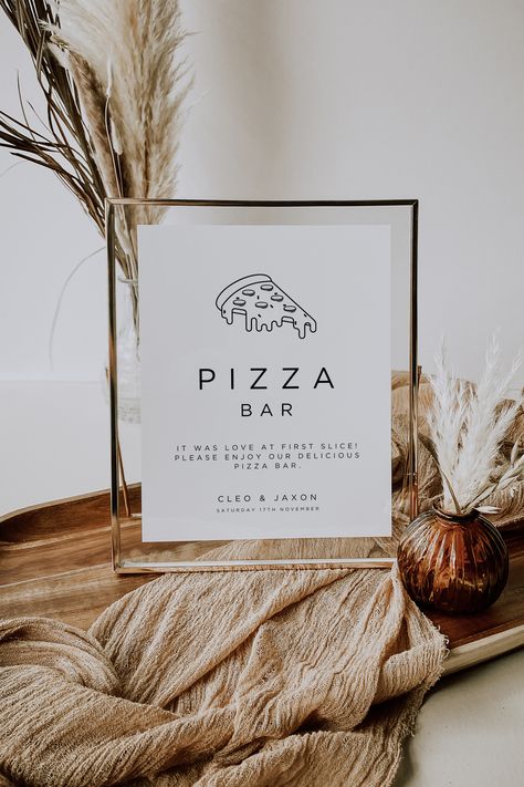 Pizza Bar Canva Wedding Sign Template - Edit at home and print Diy Pizza Stand Wedding, Pizza Cart Wedding, Reception Pizza Bar, Pizza Served At Wedding, Pizza Truck At Wedding, Pizza And Salad Bar Wedding, Wedding Pizza Sign, Wedding Pizza Truck, Pizza Bar At Wedding