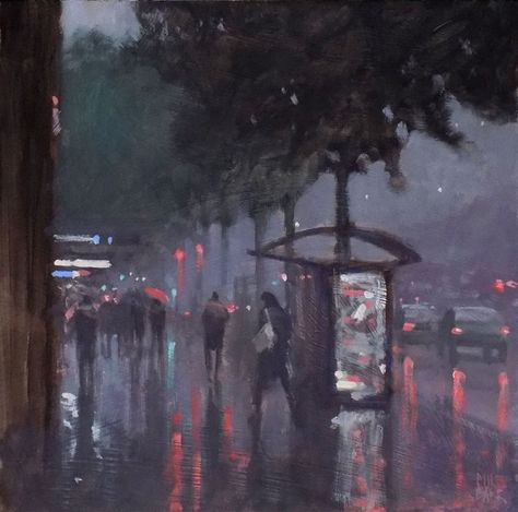 Bus Stop - King William Street 30x30cm oil on board - Mike Barr City Pics, Rainy Street, Rain Painting, King William, Nostalgic Art, Deep Art, Dark Pictures, Art Gallery Wallpaper, City Landscape