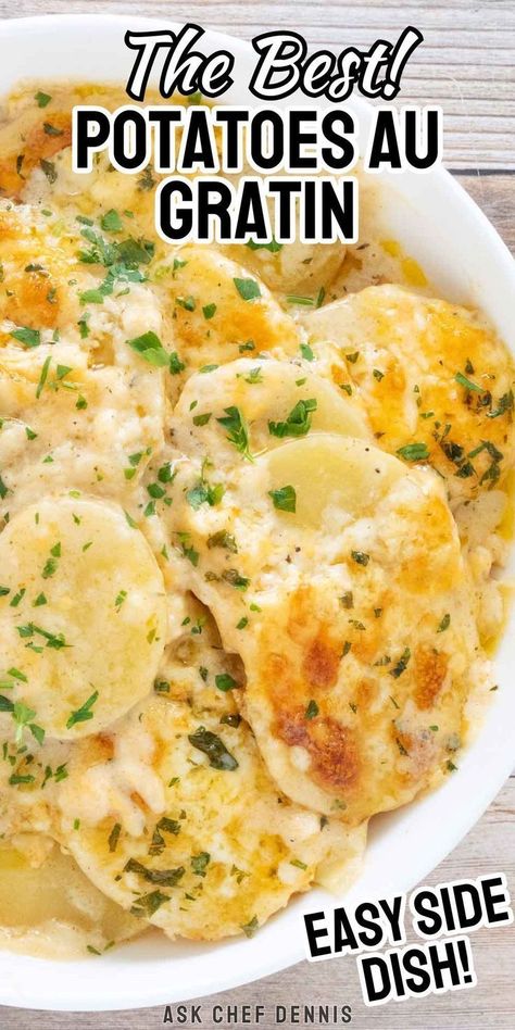 When it comes to classic comfort foods, Potatoes au Gratin are at the top of my list! These easy-to-make creamy, cheesy potatoes are the perfect side dish for a weeknight meal, potluck, or a fancy dinner party and are guaranteed to fulfill every potato lover’s dreams. This potatoes au gratin make a delicious side dish for roasted chicken, roast beef, or pork roast. The delicate balance between the creamy sauce and the starchy potatoes is a potato casserole your whole family will just love! Cheddar Au Gratin Potatoes, Homemade Potatoes Au Gratin, Best Au Gratin Potatoes Recipe, Small Batch Potato Au Gratin, Easy Party Potatoes, Potatoes Gratin Recipe, Augraten Potato’s, Potatos Al Grotten Recipe, Augrotton Potatoes