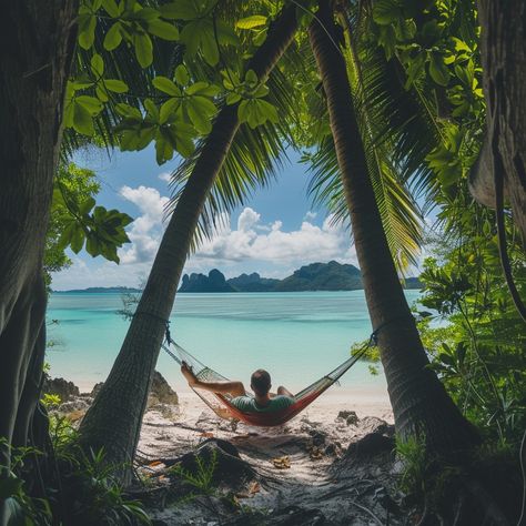 Hammock Beach Relaxation: A tranquil escape between two palms, overlooking the serene beach and crystal blue waters from a hammock. #beach #relaxation #hammock #palms #tranquility #ocean #nature #getaway #aiart #aiphoto #stockcake https://ayr.app/l/iHFk Relaxing On A Beach, Beach Relaxation, Hammock Beach, Beach Hammock, Ocean Nature, Exotic Places, Crystal Blue, Refreshing Cocktails, Tropical Beach