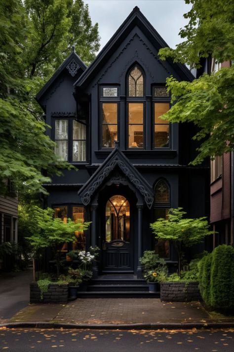 Grunge House Aesthetic Exterior, Soft Goth Autumn House, Gothic Small House, Modern Gothic Home Exterior, Black Houses Aesthetic, Black Cottage Exterior, Gothic Front Porch, Black Gothic House, Modern Gothic House Interior