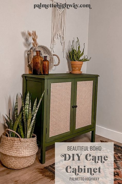 Green Rattan Cabinet, Green Rattan Furniture, Add Rattan To Furniture, Green Cabinet Living Room, Adding Rattan To Furniture, Boho Furniture Diy, Diy Green Furniture, Furniture Flip Ideas, Rattan Furniture Diy